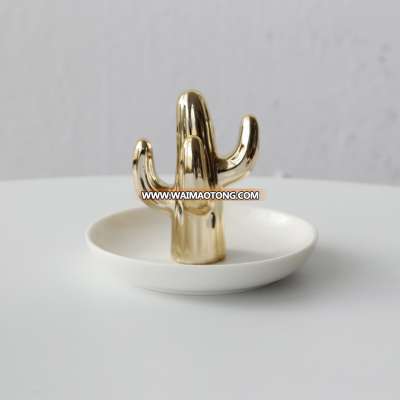 Nordic style cactus decoration gold-plated crafts gift ceramic jewelry plate